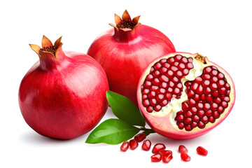 Pomegranate ripe, haft pomegranate with green leaves on a white background, a delicious and healthy tropical fruit, perfect for a fresh and sweet vegetarian snack or dessert, with clipping path