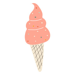 Pink ice cream cone. Children's illustration in a simple naive style. Vector isolate on white background. Ideal for printing