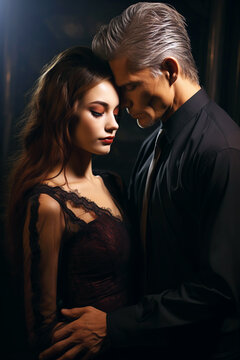 couple in love, old elder man in an ancient medieval costume and a young woman in dress romantically hug at night. Cover of book of romantic novel