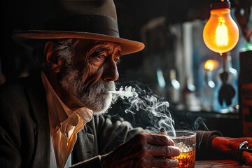 A dapper gentleman takes a contemplative drag from his cigarette as he enjoys a drink in the dimly lit bar, his fedora adding a touch of sophistication to his street-style clothing - obrazy, fototapety, plakaty