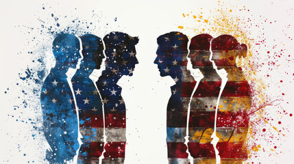 Silhouettes of Citizens with American Flag, People Political Election Division - Generative AI - obrazy, fototapety, plakaty