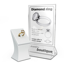 Gold diamond ring on stand and promotional table tent. 3d illustration set isolated on white