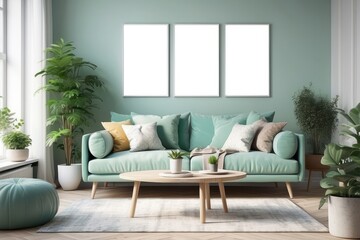 scandinavian living room with design mint sofa, furnitures, mock up poster map, plants and elegant personal accessories. Modern home decor