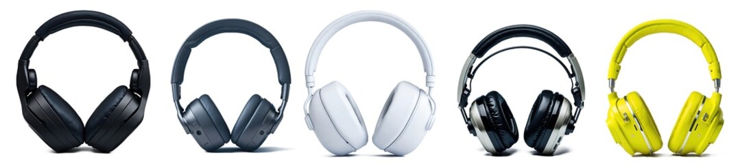 Close up set of stylish over ear wireless headphones isolated on transparent background. Generative AI	