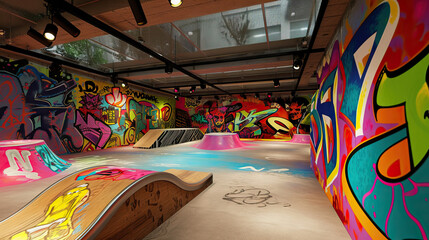Fototapeta premium A Vibrant Urban Skate Park: The Park Features Animated Skateboards and Colorful Graffiti Art, Creating a Trendy and Energetic Atmosphere that Celebrates Skateboarding Culture with a Modern Twist.