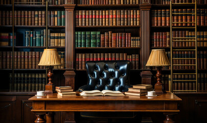 Classic Library Interior with Dark Wood Bookshelves Full of Leather-Bound Books and Desk with Reading Lamp - obrazy, fototapety, plakaty