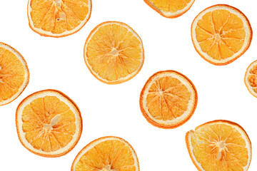 sliced dried oranges on a white isolated background close up