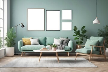 scandinavian living room with design mint sofa, furnitures, mock up poster map, plants and elegant personal accessories. Modern home decor