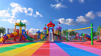 A Magical Playground: Set on a Rainbow Bridge, This Fantastic Playground Features Animated Swings, Slides, and Bouncing Clouds. It's a Whimsical and Imaginative Space Where Children Can Play