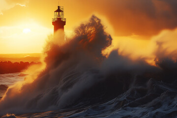 Fototapeta na wymiar Huge waves splashing on lighthouse.