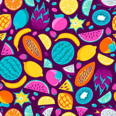 Tropical exotic fruits in neon colors. Seamless pattern in retro style, Y2k. Fresh lemon, lime, watermelon, pitahaya, dragon, star fruit, papaya, mango and kiwi. Healthy food. Veganuary. cafe - obrazy, fototapety, plakaty