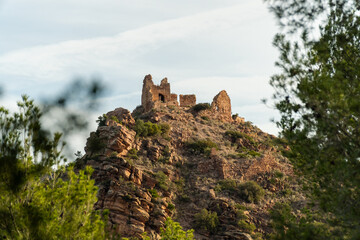 Landscape, ruins of a castle on the hill