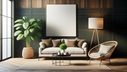 mockup a contemporary living room. The scene includes a modern sofa with cushions