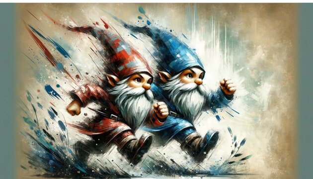 gnomes running, depicted as a modern artwork with abstract paint strokes