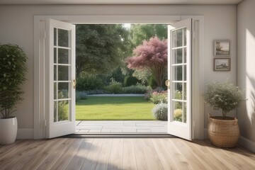 French doors to patio in cottage home - obrazy, fototapety, plakaty