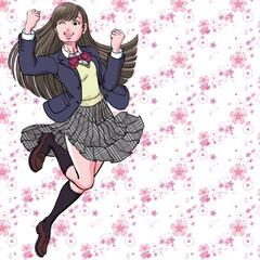 桜背景_ジャンプしながら両手でガッツポーズ決める女子高生_人物のみ_ウィンク