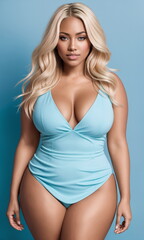Beauty curve plus size fat black woman in a blue mini dress on a blue background.Long blonde hair.Digital creative designer fashion art.
