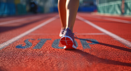 Active lifestyle, sports training concept. Close-up Foot of athlete running on stadium.