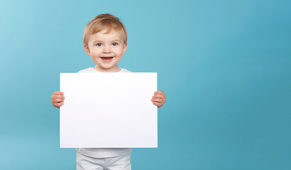 kid holding a blank placard sign poster paper in hands, empty space for editing on pastel blue background