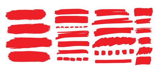 Red highlighter lines set isolated on white background. Marker pen highlight underline strokes