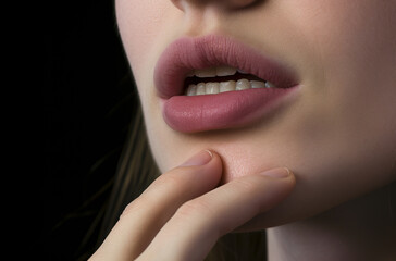 Naklejka premium Part of woman's face. Woman's lips, nose and hand. Soft skin. cosmetics, beauty, makeup and nails hand care