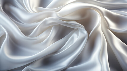 A soft, elegant white silk satin fabric flows and ripples in waves and folds. The fabric is smooth and shiny, with a subtle sheen.