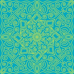 Symmetrical square pattern from ethnic Kazakh elements in turquoise and yellow national flag colors. For handkerchiefs, pillows, shopper bags, tiles, framed art, and any other Kazakhstan-related decor