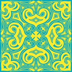 Fototapeta na wymiar Symmetrical square pattern from ethnic Kazakh elements in turquoise and yellow national flag colors. For handkerchiefs, pillows, shopper bags, tiles, framed art, and any other Kazakhstan-related decor