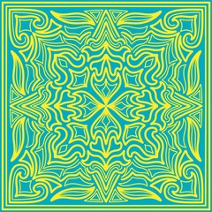 Fototapeta na wymiar Symmetrical square pattern from ethnic Kazakh elements in turquoise and yellow national flag colors. For handkerchiefs, pillows, shopper bags, tiles, framed art, and any other Kazakhstan-related decor