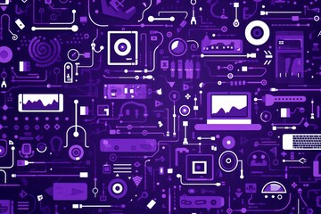 Fototapeta na wymiar Purple abstract technology background using tech devices and icons
