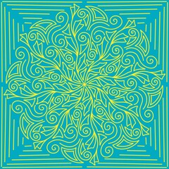 Symmetrical square pattern from ethnic Kazakh elements in turquoise and yellow national flag colors. For handkerchiefs, pillows, shopper bags, tiles, framed art, and any other Kazakhstan-related decor