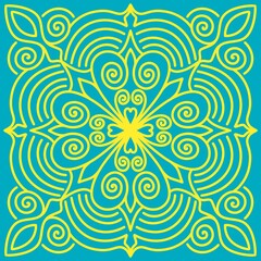 Symmetrical square pattern from ethnic Kazakh elements in turquoise and yellow national flag colors. For handkerchiefs, pillows, shopper bags, tiles, framed art, and any other Kazakhstan-related decor