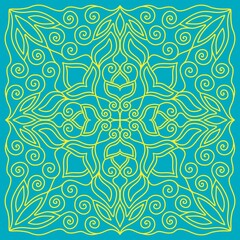 Symmetrical square pattern from ethnic Kazakh elements in turquoise and yellow national flag colors. For handkerchiefs, pillows, shopper bags, tiles, framed art, and any other Kazakhstan-related decor