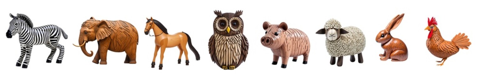 Wooden animal toys collection zebra, elephant, horse, owl, pig, sheep, rabbit, hen isolated on...