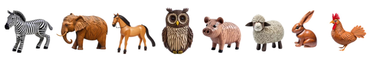 Foto op Aluminium Wooden animal toys collection zebra, elephant, horse, owl, pig, sheep, rabbit, hen isolated on transparent background. Generative AI  © Nabarun