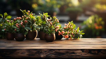 Fototapeta premium The empty wooden table top with a garden blurred background