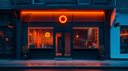 A minimalist storefront with a black facade and bold, neon signage.
