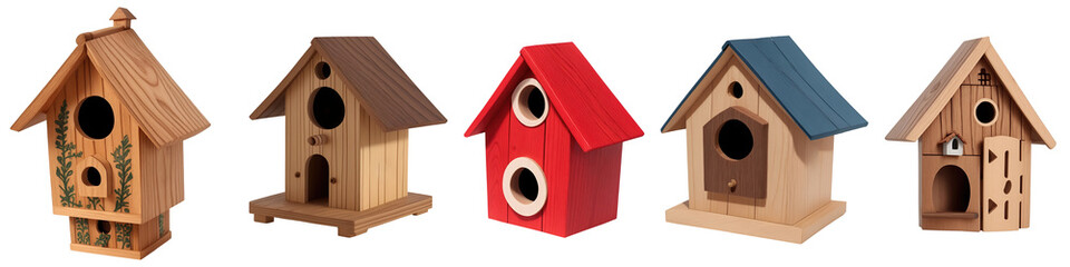 Wooden outdoor bird house nest boxes set isolated on transparent background. Generative AI	