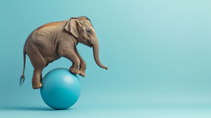 African elephant Loxodonta africana balancing on a blue ball, copy space, generative ai