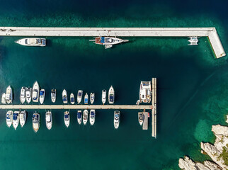 Aerial view of marina with sailboats and yachts