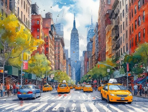 Busy New York Street Watercolor