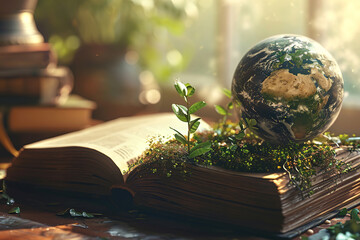 Ancient book and Earth globe with stars and universe art. Magic and space theme.
