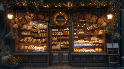 A cozy bakery with a charming storefront, adorned with freshly baked goods on display.