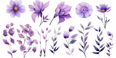 Fototapeta na wymiar Purple several pattern flower, sketch, illust, abstract watercolor, flat design, white background 