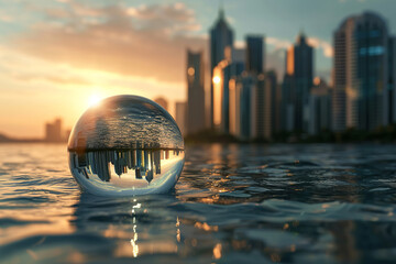 Renewable energy concept Earth Day or environment protection. A drop of water is a reflection of the city.