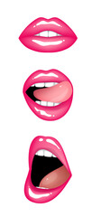 Beautiful plump glossy realistic bright sexy female lips in pink color. Set of isolated vector illustrations on transparent background