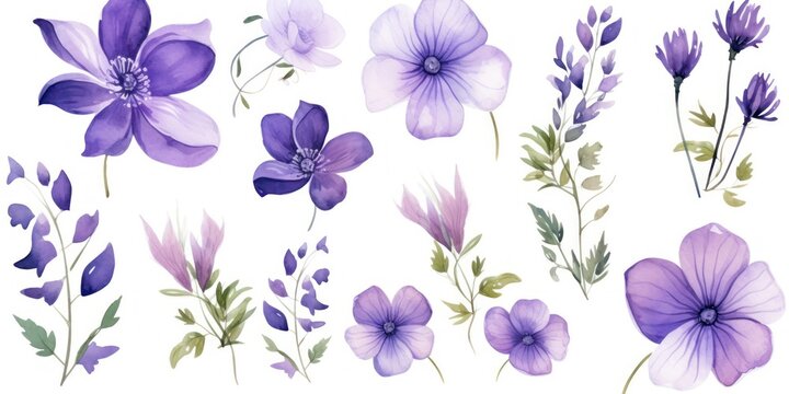 Purple several pattern flower, sketch, illust, abstract watercolor, flat design, white background 
