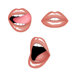 Beautiful plump glossy realistic bright sexy female lips in beige nude color. Set of isolated vector illustrations on transparent background