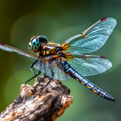 Macro shot of a dragonfly resting on a twig.