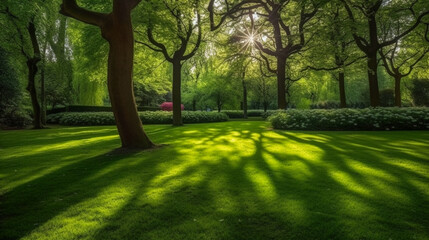Obraz premium A Green Park Bathed in Morning Sunshine. Summer Splendor in the Heart of the Forest